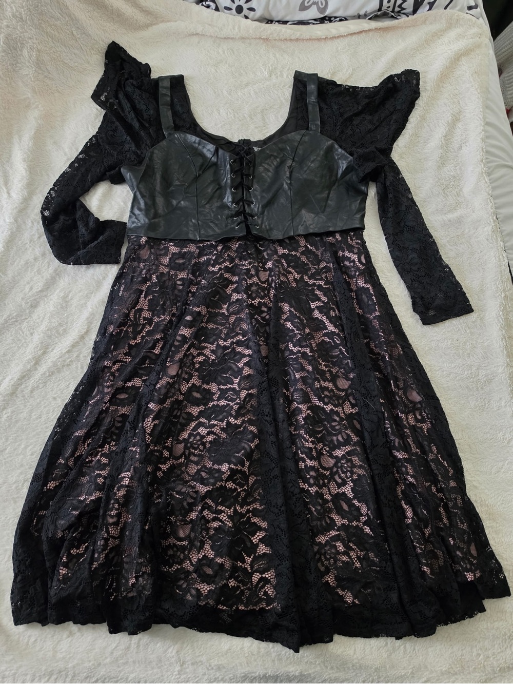 Black Lace Midi Dress with Faux Leather Bodice